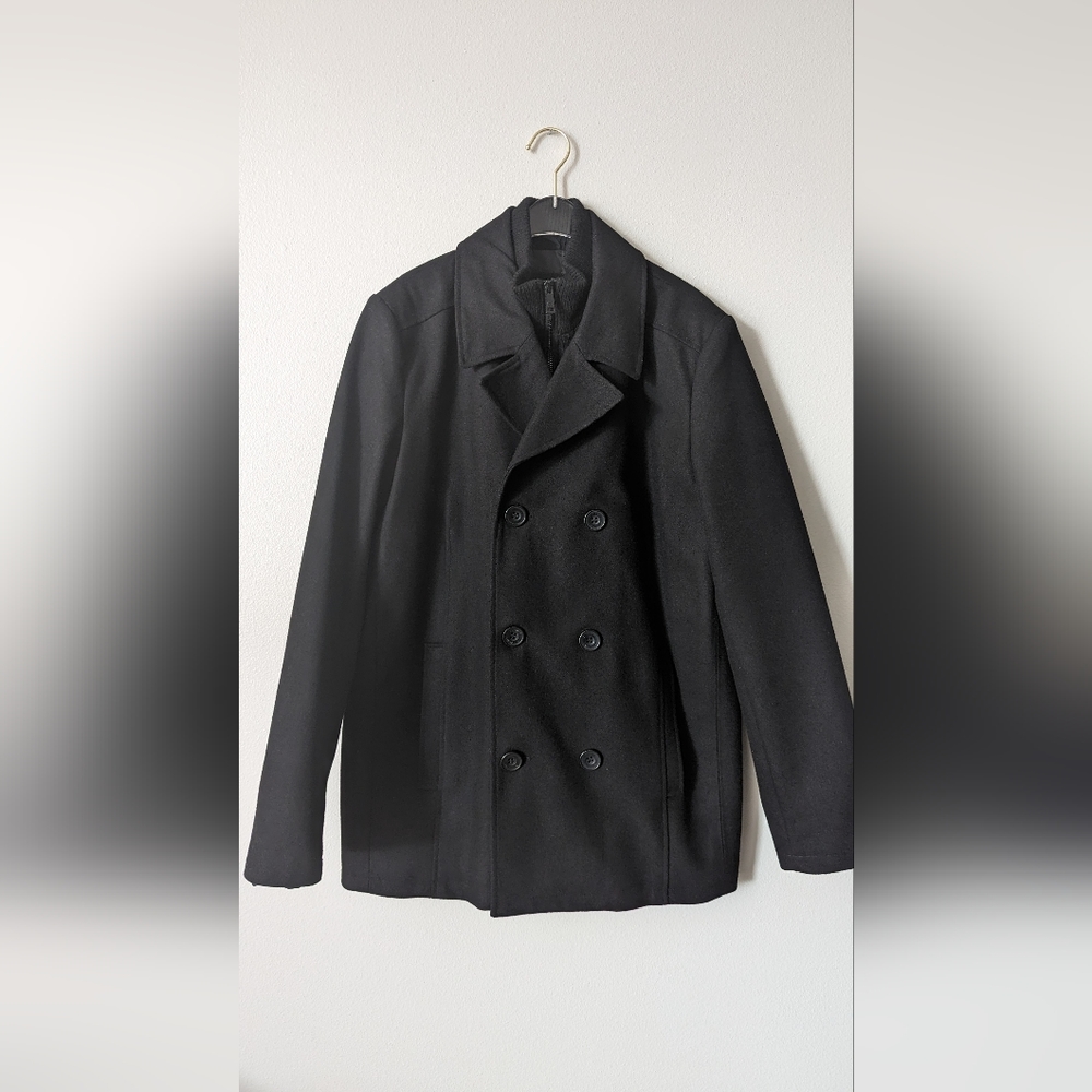 Kenneth Cole Men's Double Breasted Wool Blend Peacoat with Bib
